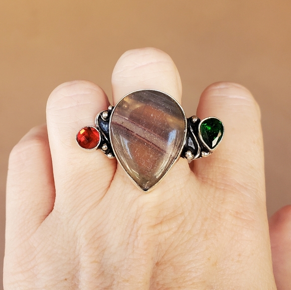 New Fluorite, Garnet and Green Quartz 925 Silver Ring. - Picture 5 of 15